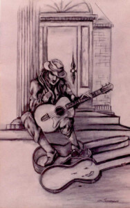 Drawing of man playing guitar on steps