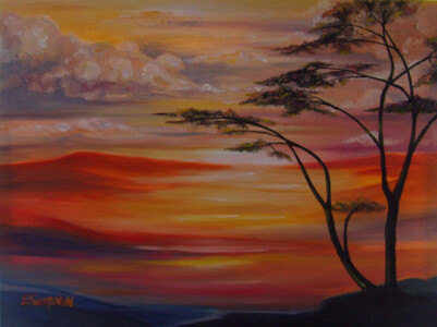 Red sunset and trees