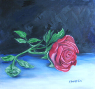 painting of a red rose laying on a table