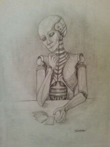 Drawing of a robot playing cards