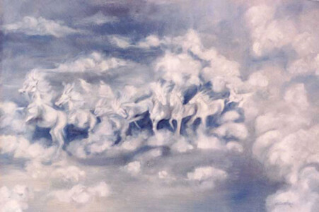 Paintings of horses running in the clouds