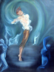 Painting of flute player with dancers
